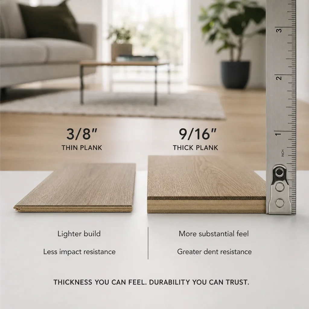 Comparison of 3/8-inch and 9/16-inch engineered hardwood plank samples.