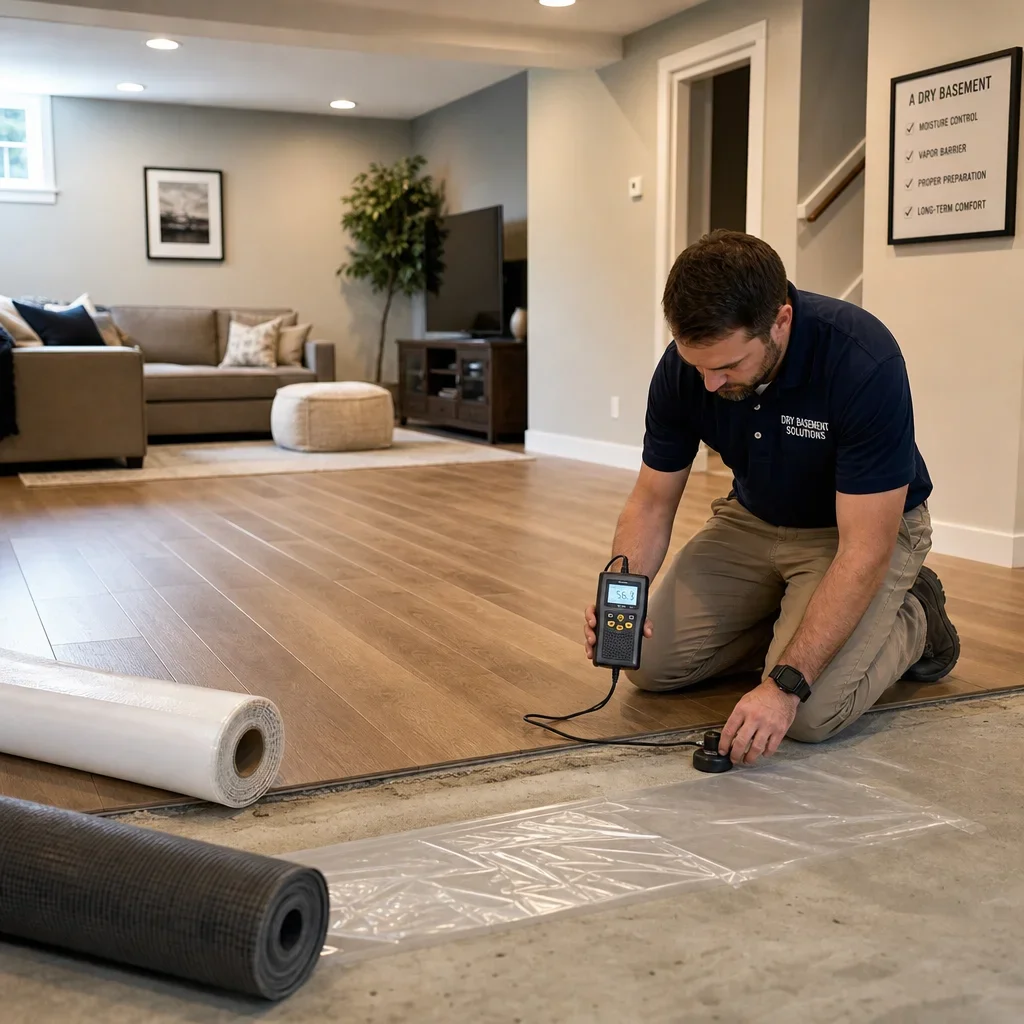 A finished basement with engineered hardwood and a technician checking slab moisture.