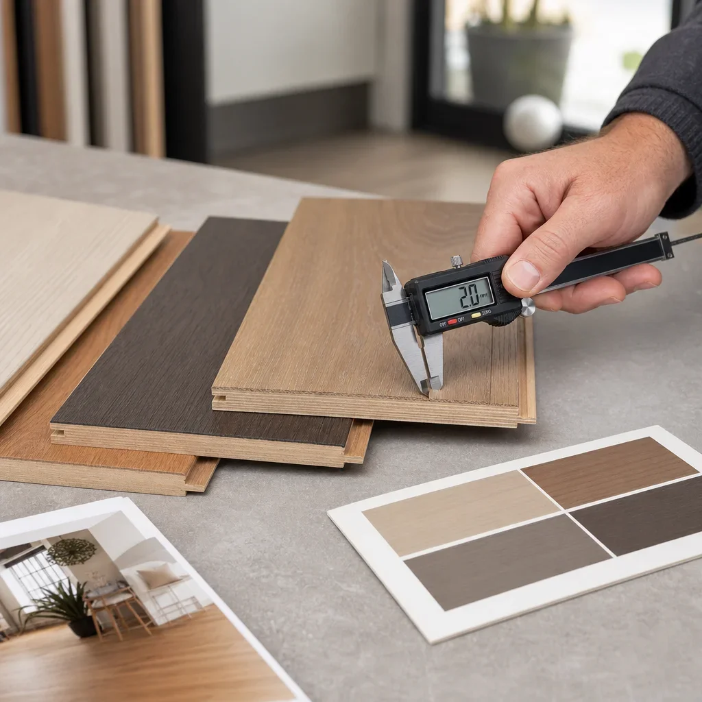 Engineered hardwood samples and a caliper measuring the wear layer during product selection.