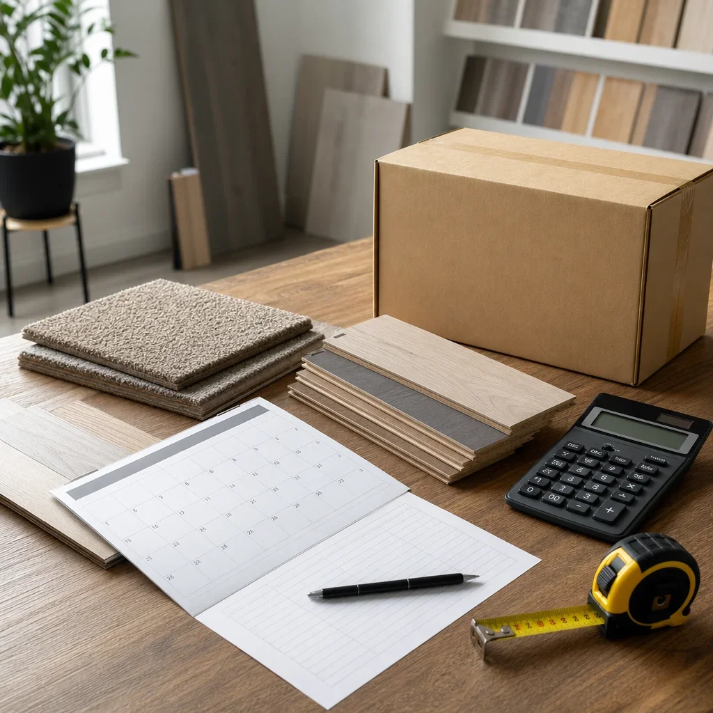 Flooring samples, calculator, and calendar representing cost and lead time planning.