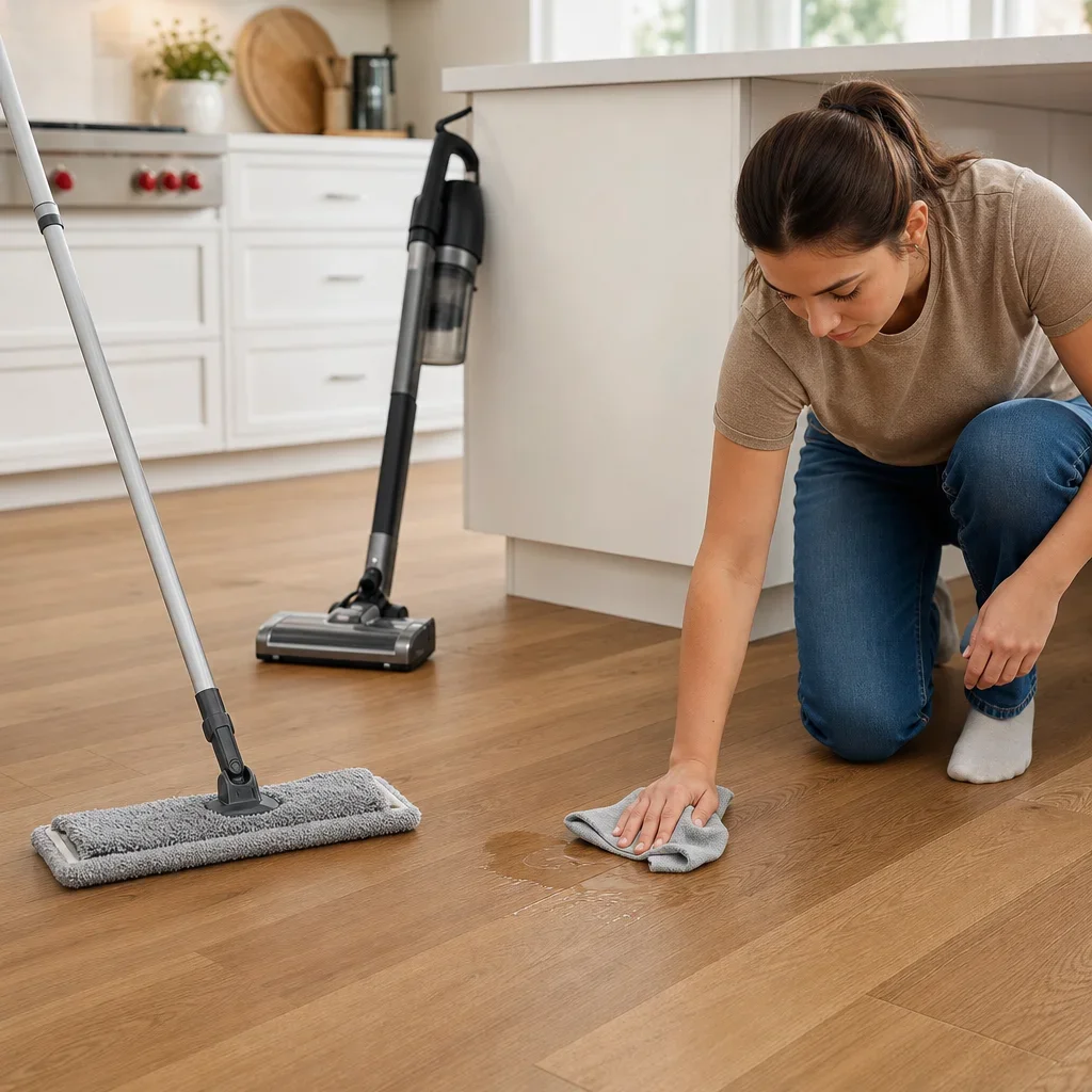 Engineered hardwood being cleaned with a barely damp microfiber mop and spill wipe-up.