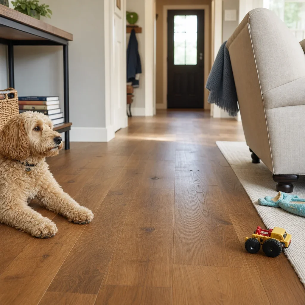 A family home scene showing everyday wear factors on engineered hardwood floors.