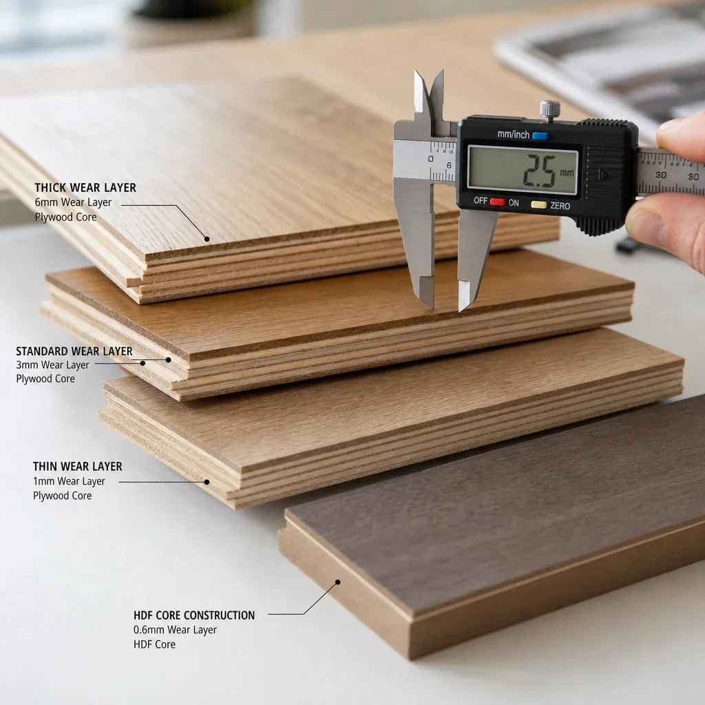Engineered hardwood flooring samples showing different core constructions and wear layer thicknesses being measured.
