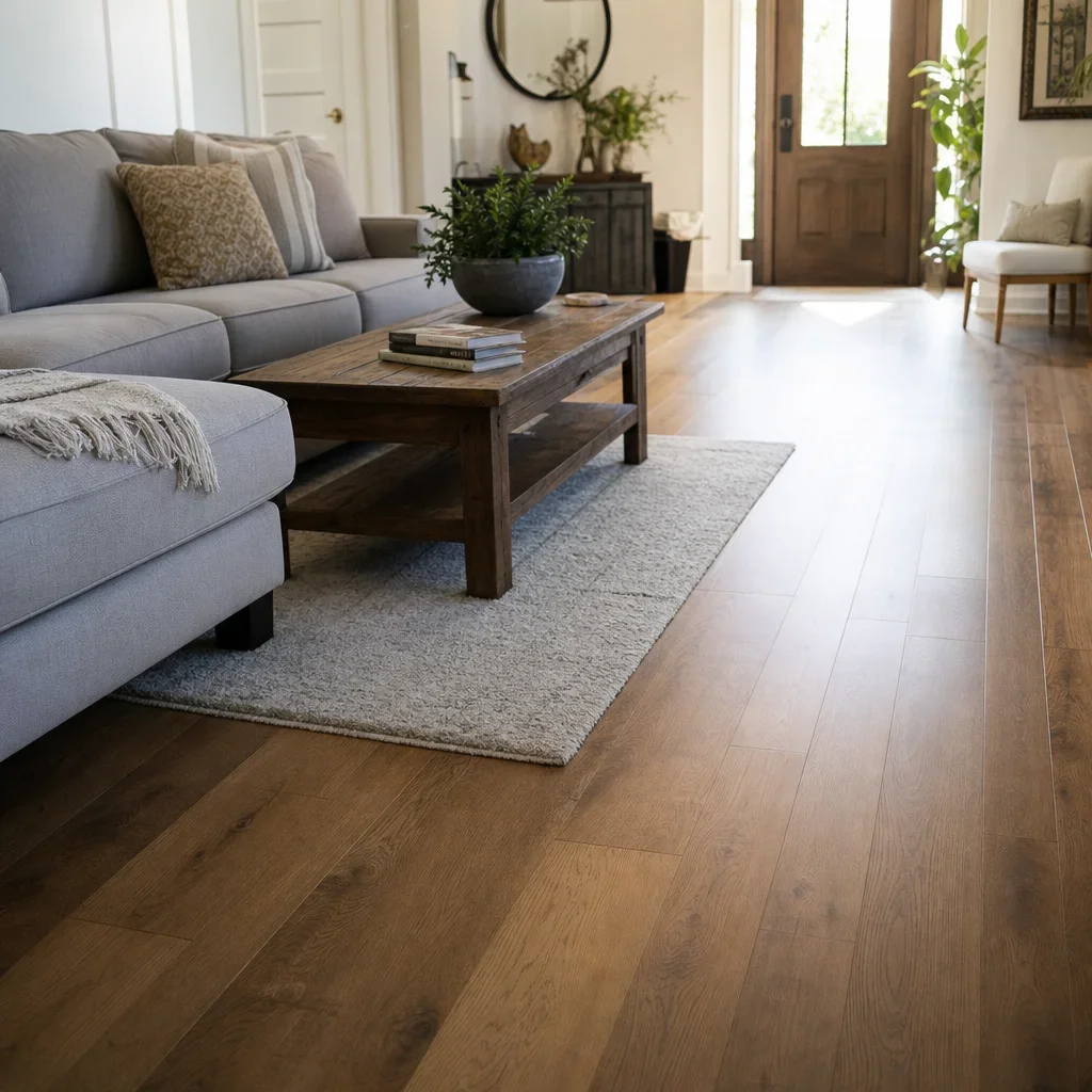 A residential living room with engineered hardwood floors in everyday use.