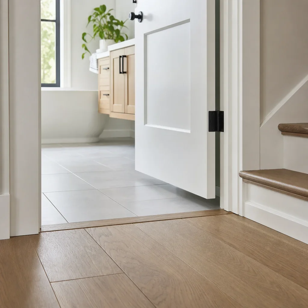 Renovation interior showing flooring height transitions, door clearance, and stair detail.