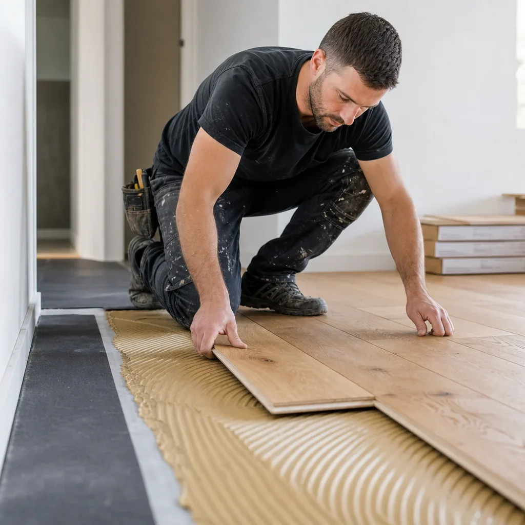 Installer placing engineered hardwood planks during a floor installation.
