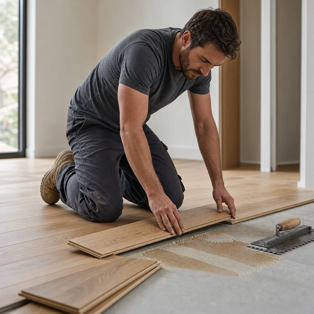 Installer working with engineered hardwood planks and installation tools.