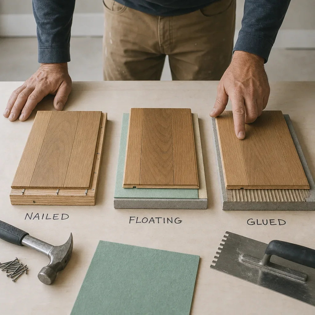 Three engineered hardwood installation methods demonstrated on sample sections.