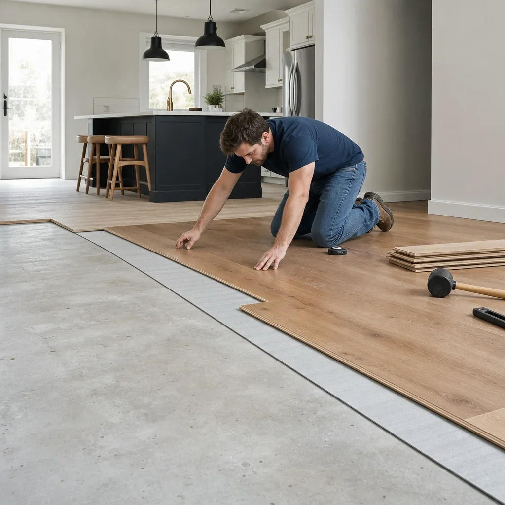 Engineered hardwood being installed over a concrete subfloor in a home interior.
