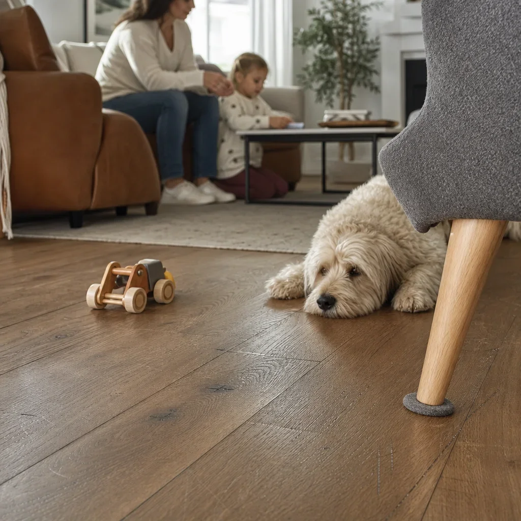 Family living room illustrating everyday wear on engineered hardwood flooring.