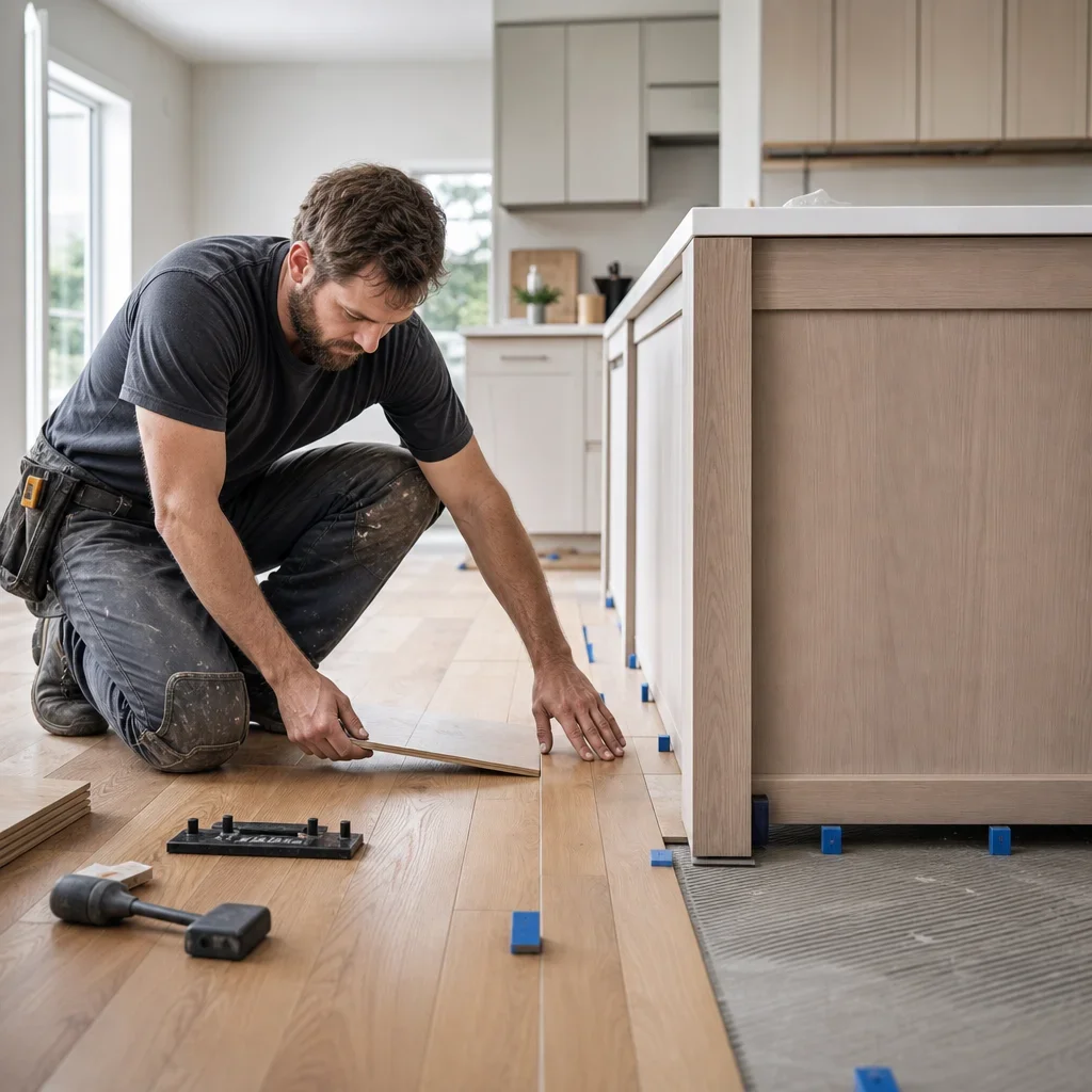 Installer fitting engineered hardwood planks around a kitchen island during installation.