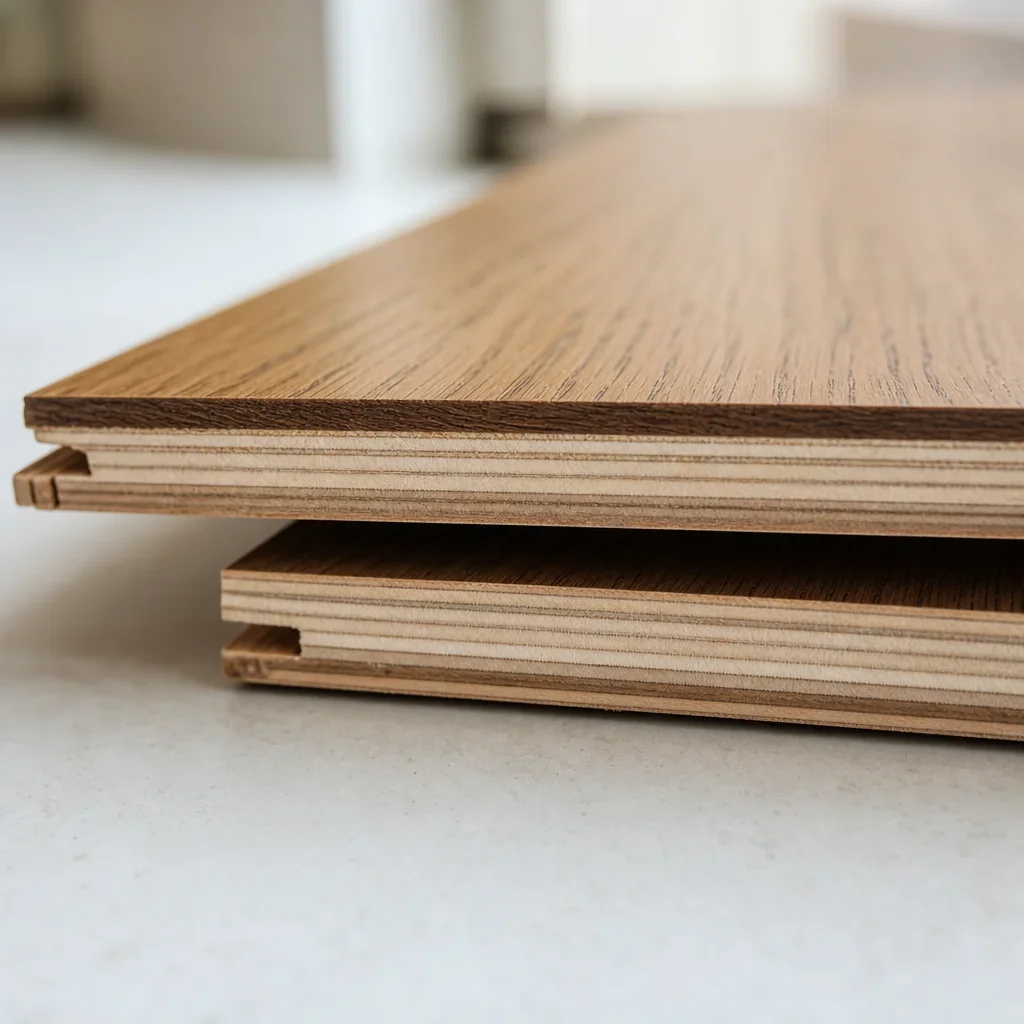 Close-up of engineered hardwood board layers showing the veneer and core construction.
