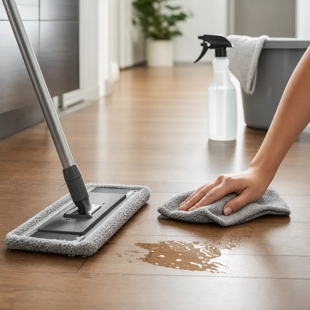 Microfiber cloth cleaning a small spill on engineered hardwood flooring.