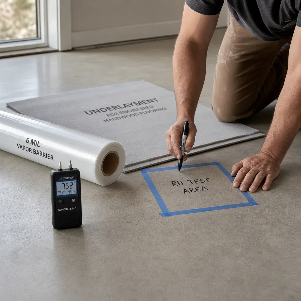 Concrete subfloor prep with moisture testing tools, vapor barrier, and underlayment materials.