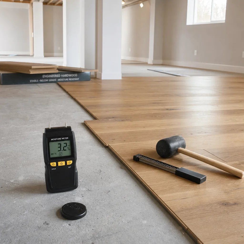 Engineered hardwood being installed over a concrete basement slab with moisture testing tools.