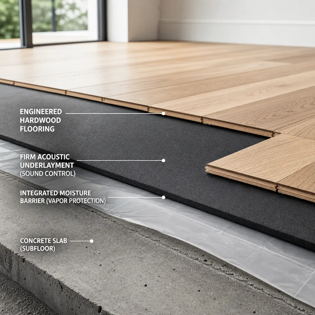Cross-section of engineered hardwood floating over concrete with acoustic underlayment and moisture barrier.