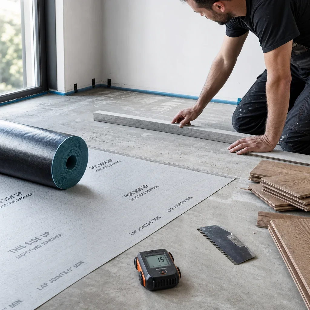 An installer preparing engineered hardwood over a concrete slab with underlayment and tools.