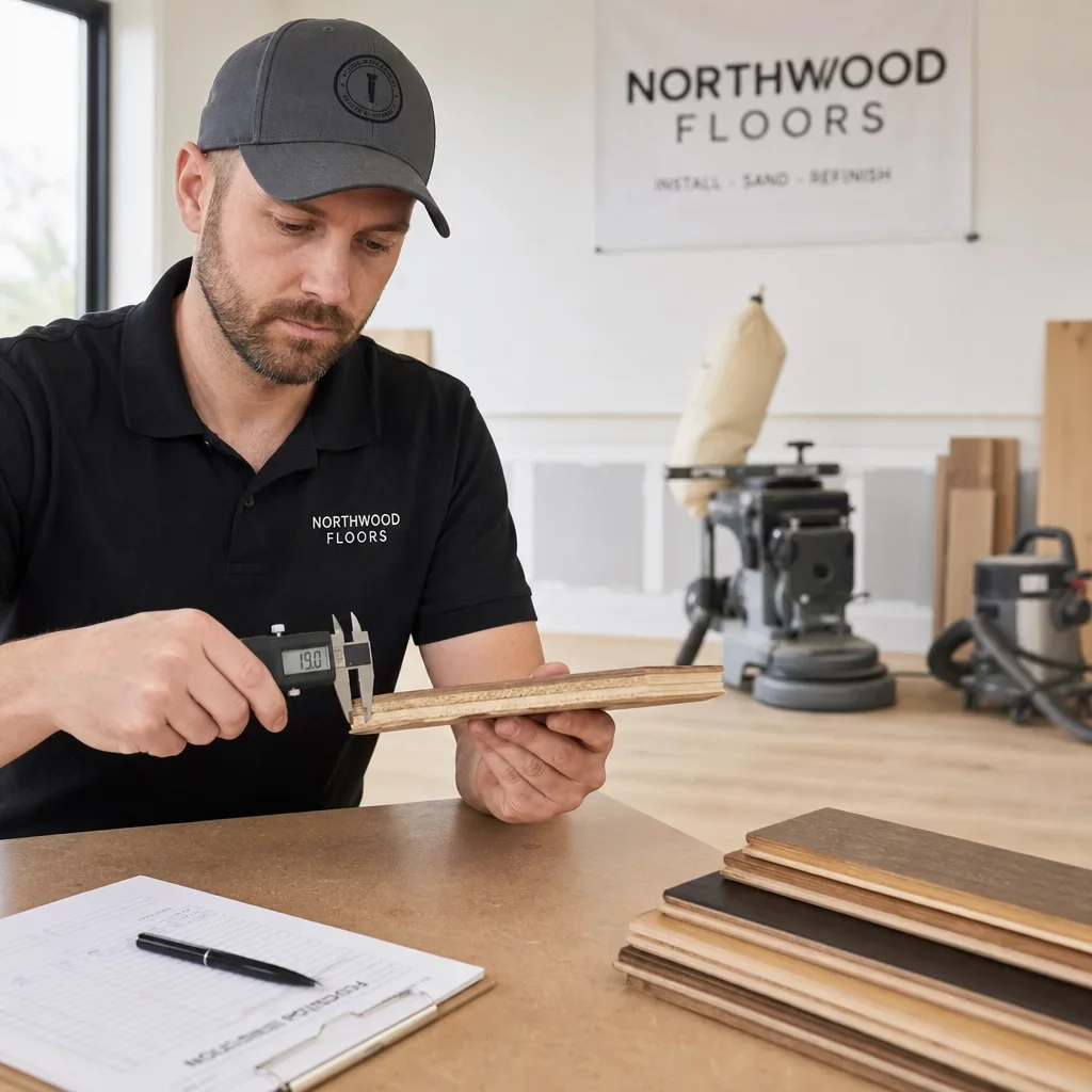 A flooring professional checking engineered hardwood wear layer thickness for refinishing potential.