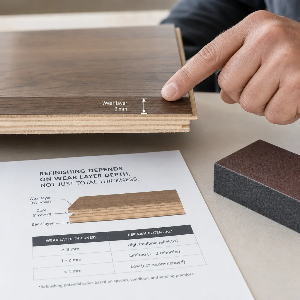 Close-up showing an engineered hardwood wear layer and sanding tools for refinishing context.