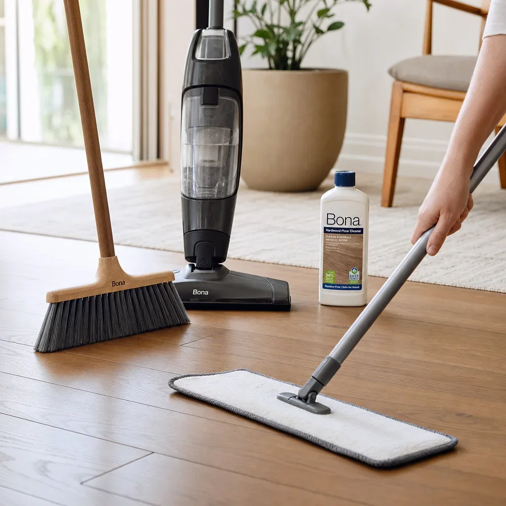 Cleaning engineered hardwood with a damp microfiber mop and safe maintenance tools.