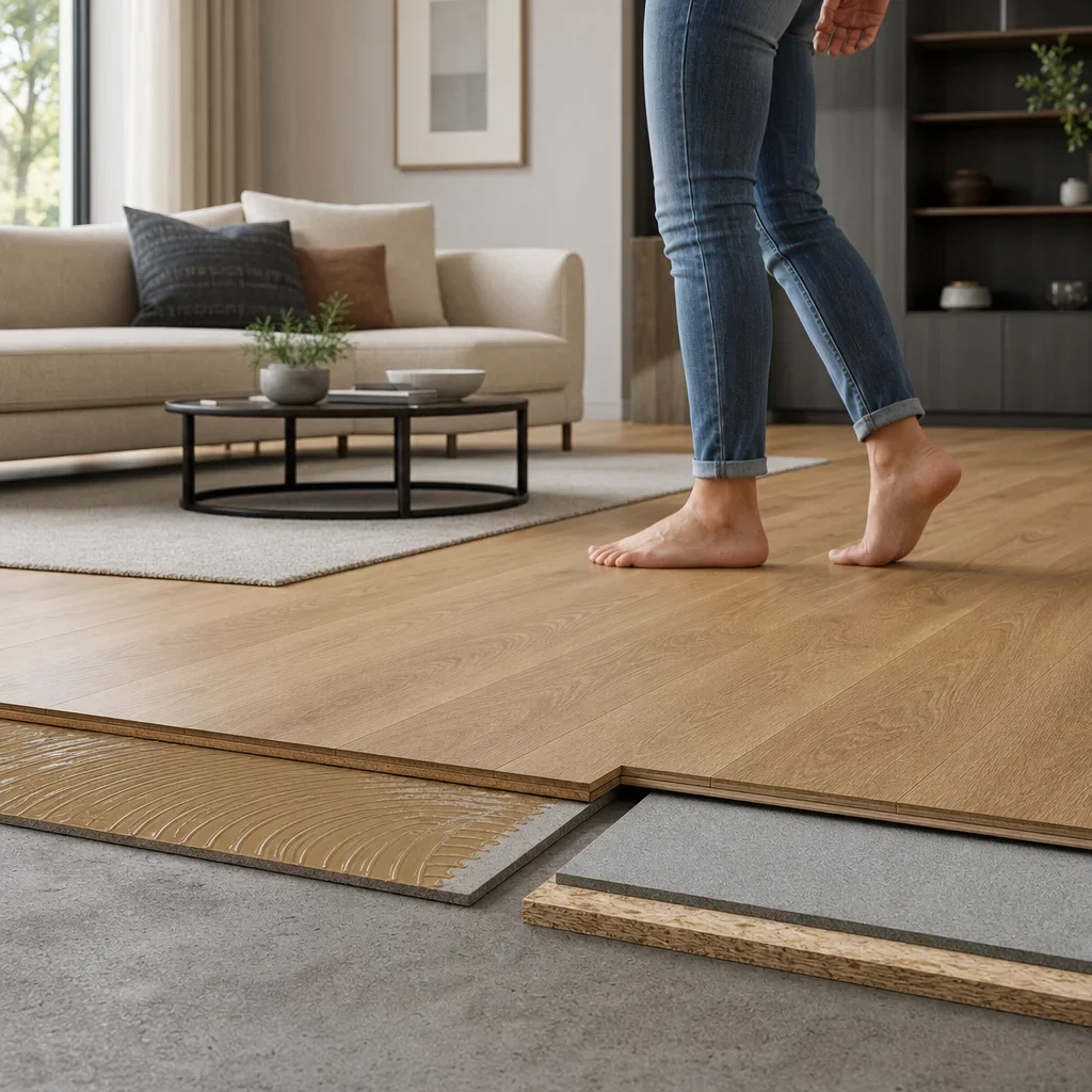 Comparison of floor assembly layers showing how installation method affects feel and sound.