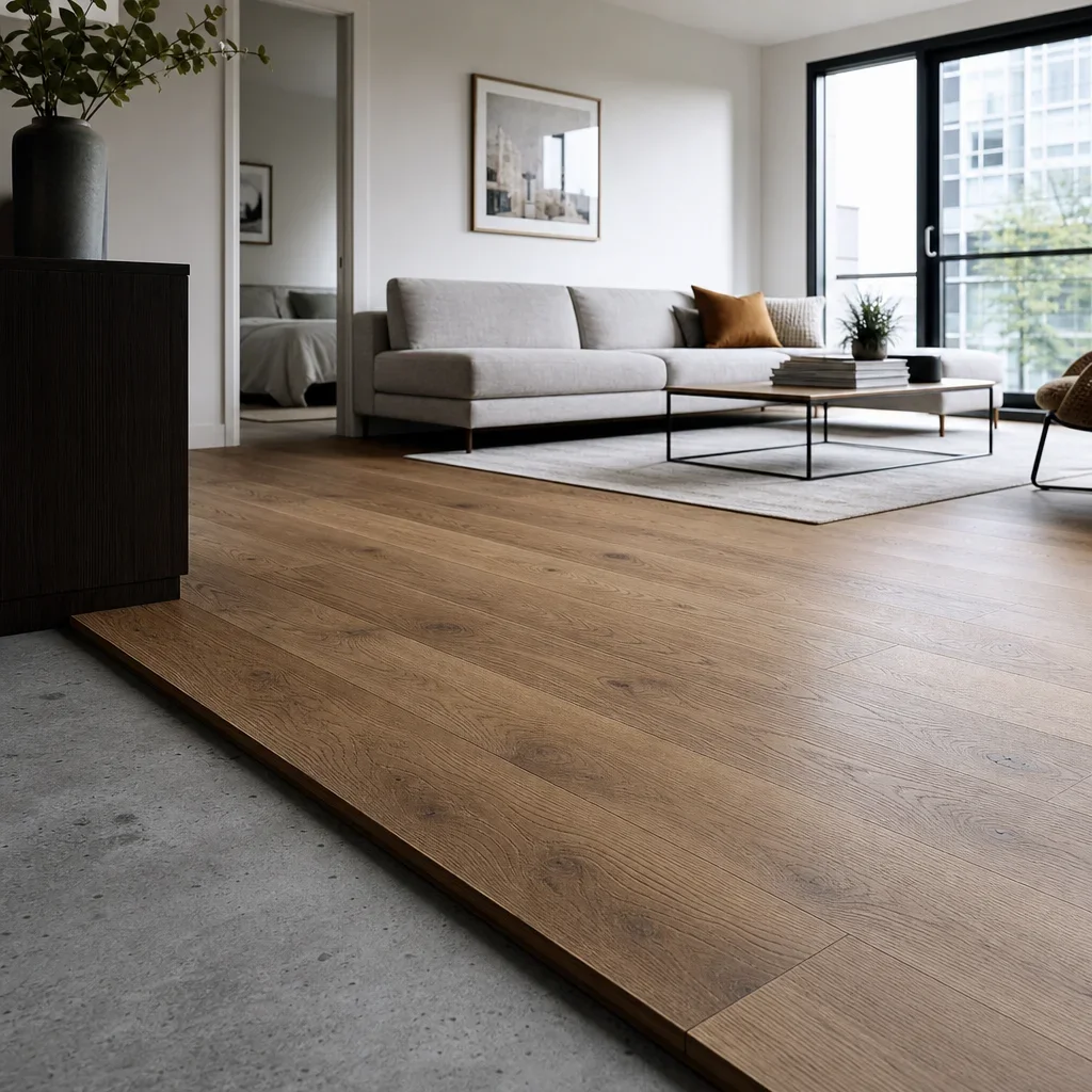 Modern interior with engineered hardwood flooring over a concrete slab.
