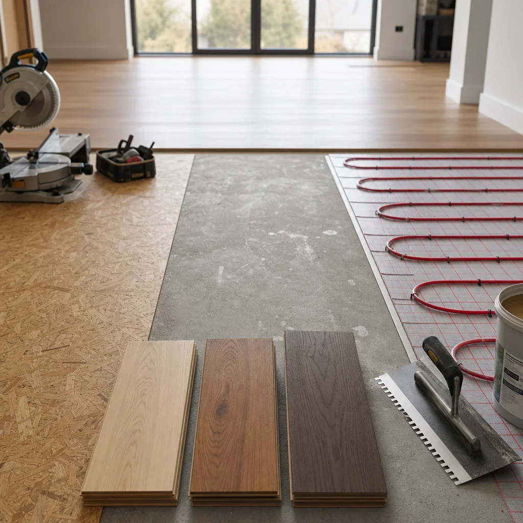 Installer’s setup showing different subfloor types and installation methods for engineered hardwood.