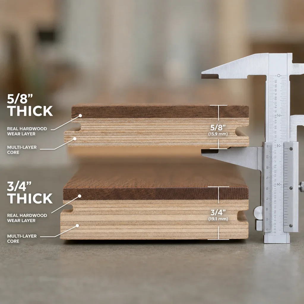 Close-up of engineered hardwood plank cross-sections showing layered construction and thickness.