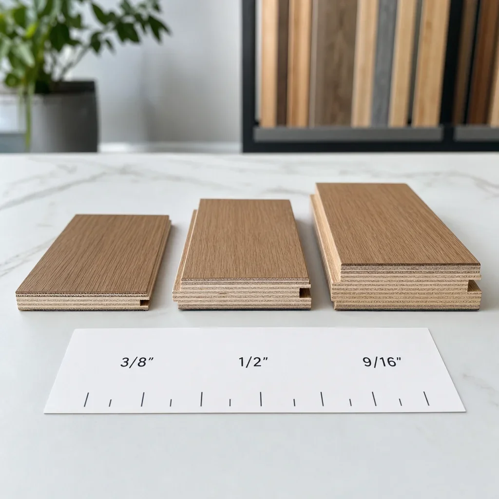 Three engineered hardwood samples arranged by thickness for comparison.