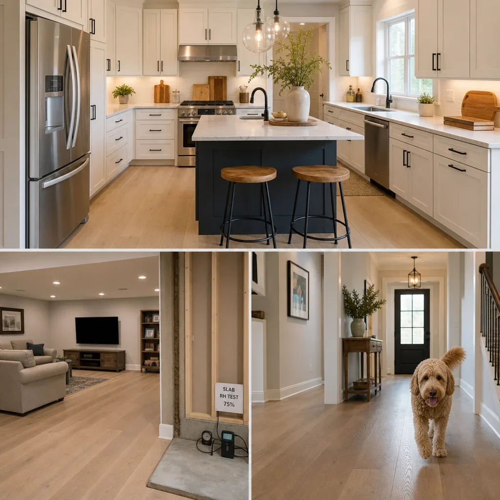 A split-scene showing engineered hardwood used in a kitchen, basement, and busy family hallway.
