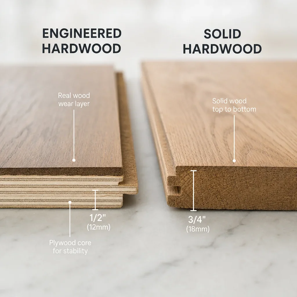 Close-up comparison of engineered hardwood construction and solid hardwood plank thickness.
