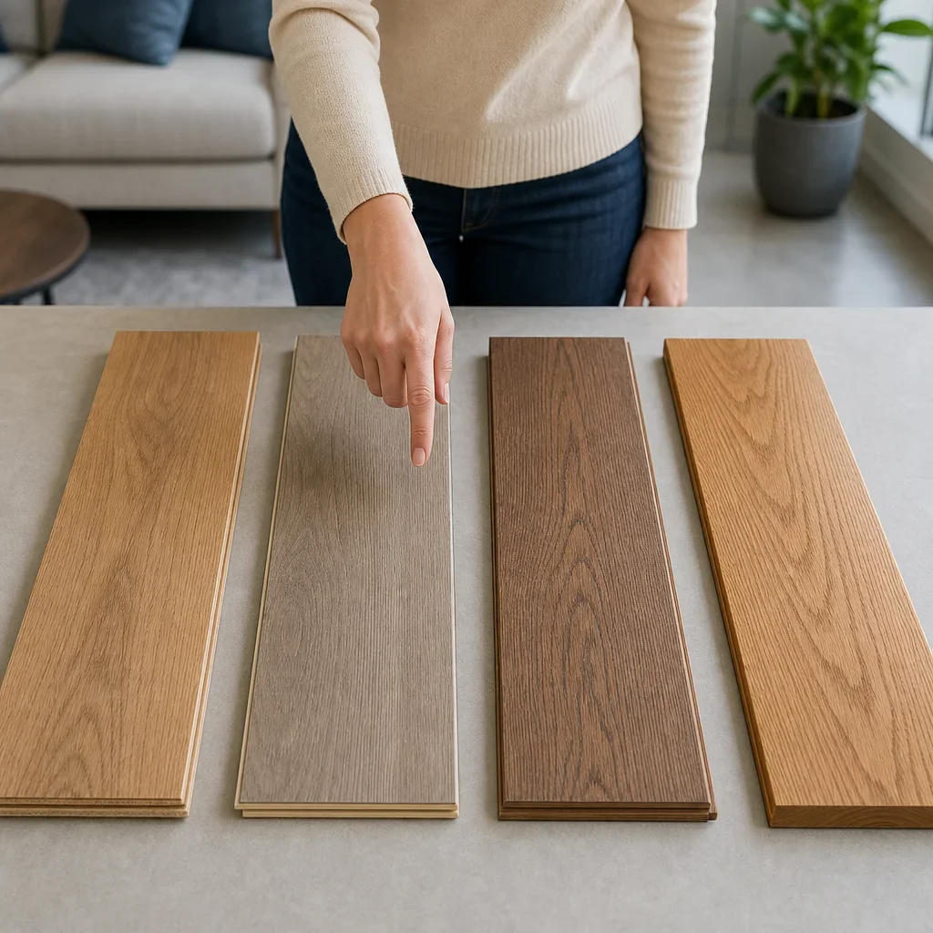 Four flooring sample types arranged side by side for comparison.