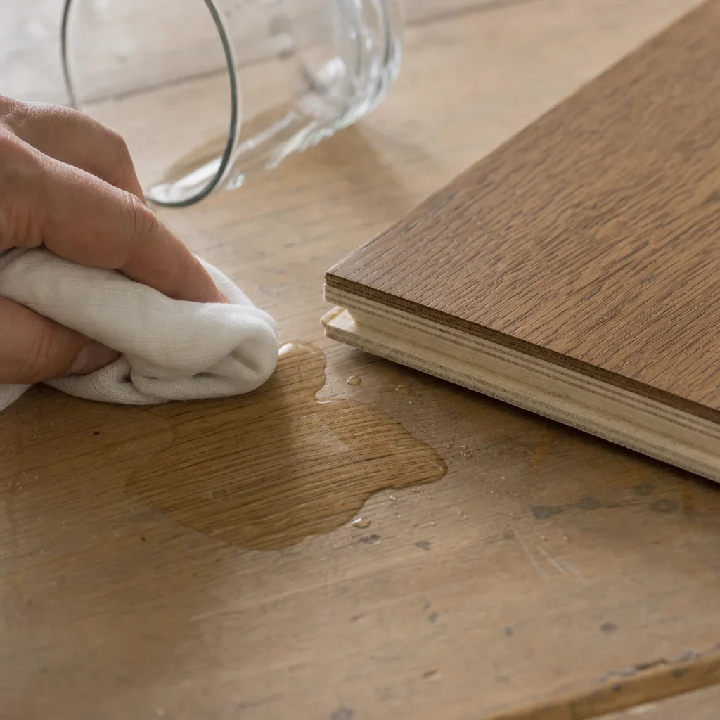 Close-up of engineered hardwood construction with a small spill being wiped up.