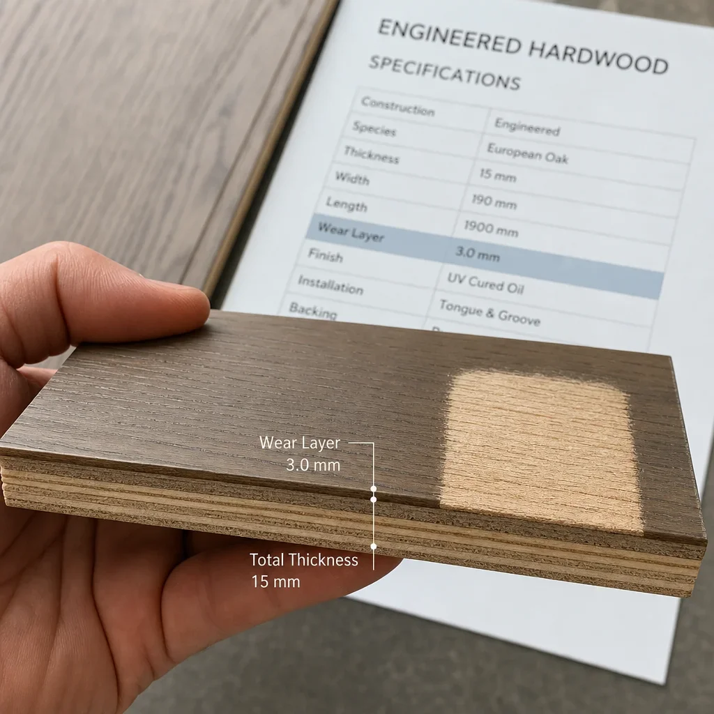 Close-up of an engineered hardwood sample showing the wear layer and refinishing-related details.
