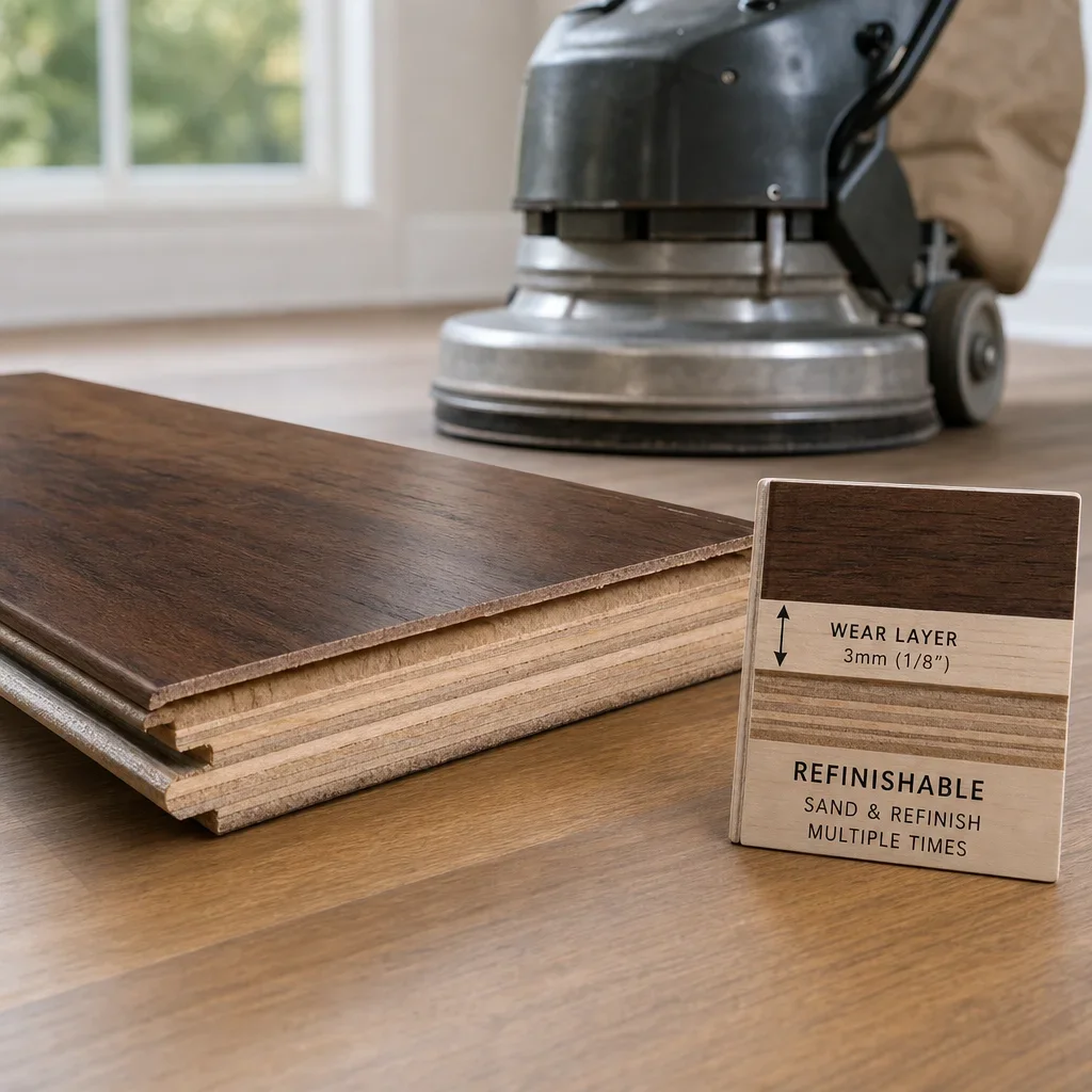 Close-up of engineered hardwood wear layer with refinishing tools.