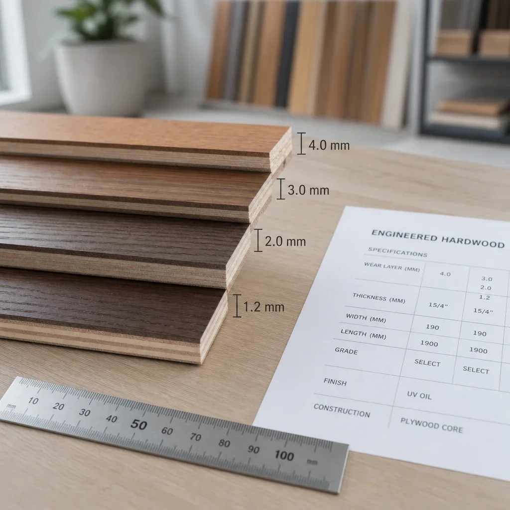 Engineered hardwood samples and spec sheet highlighting wear layer thickness.