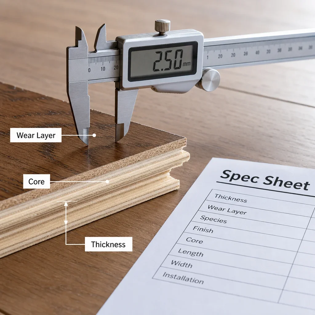 Close-up of an engineered hardwood sample being measured to show wear-layer thickness and product quality checks.