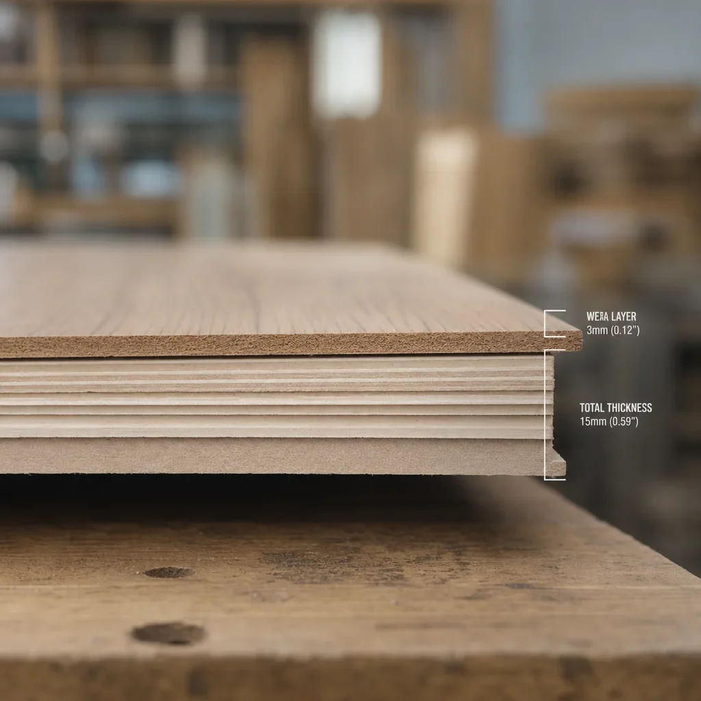 Close-up cross-section of engineered hardwood showing wear layer and core construction.