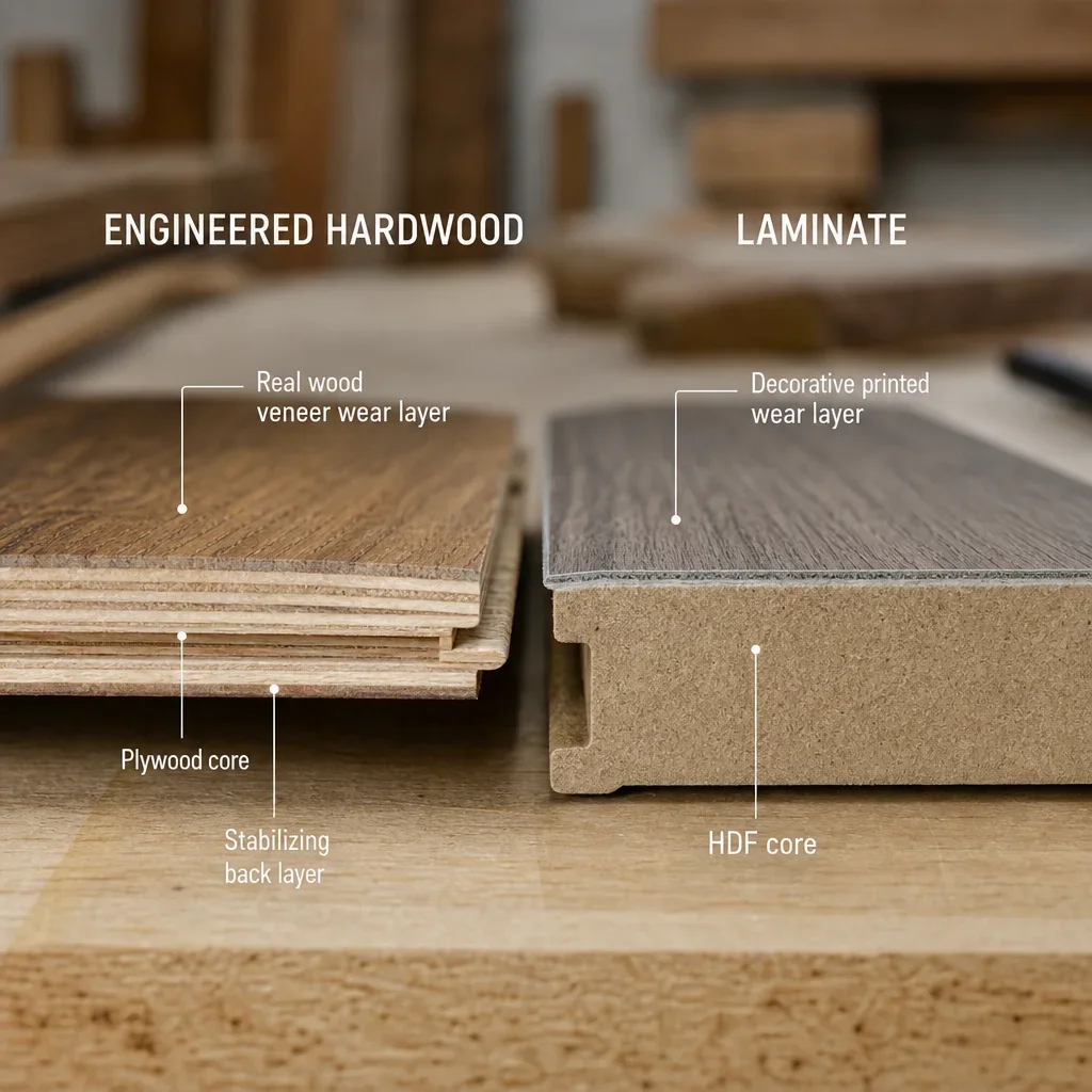 Close-up cross-section comparison of engineered hardwood and laminate layers.