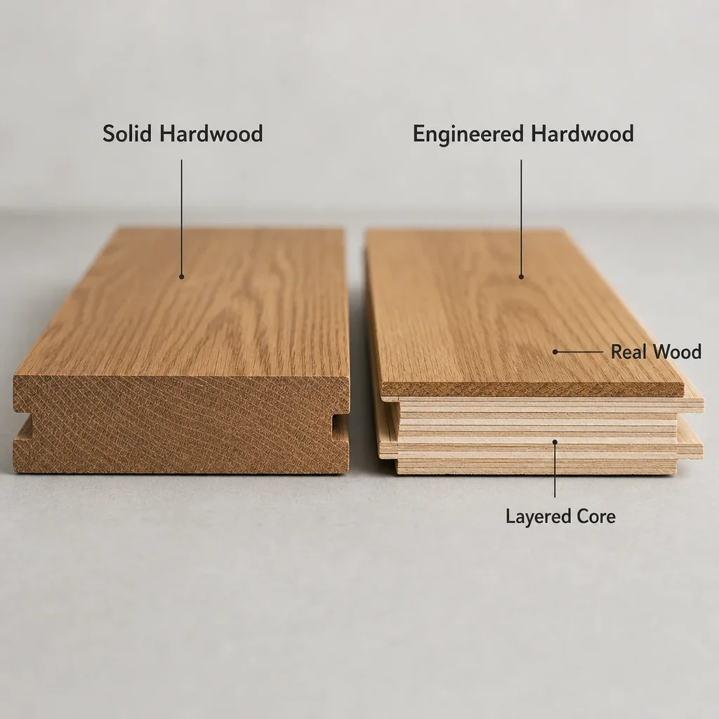 Side-by-side cutaway comparison of solid hardwood and engineered hardwood flooring construction.