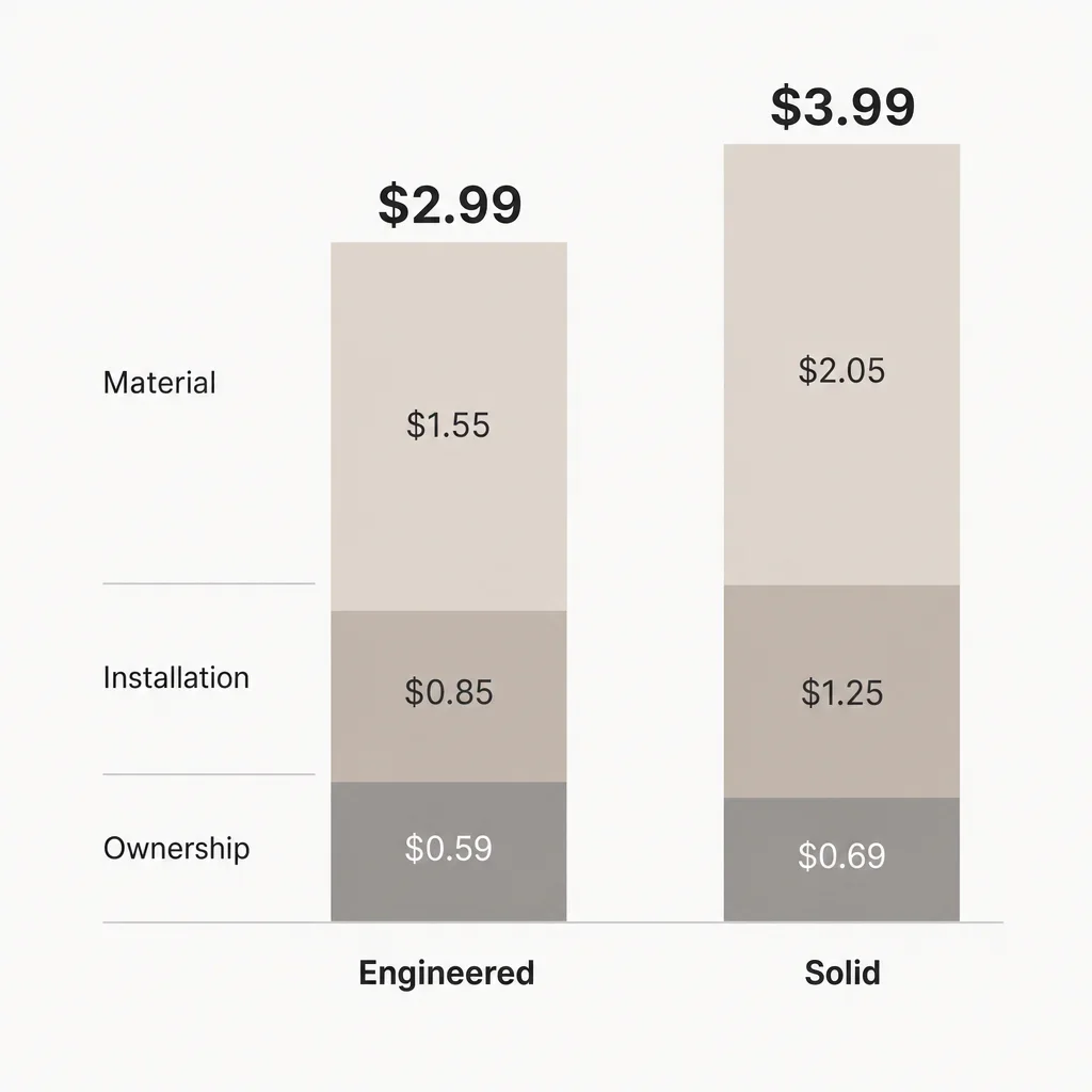 Minimal cost comparison graphic showing engineered hardwood versus solid hardwood across material, installation, and ownership.