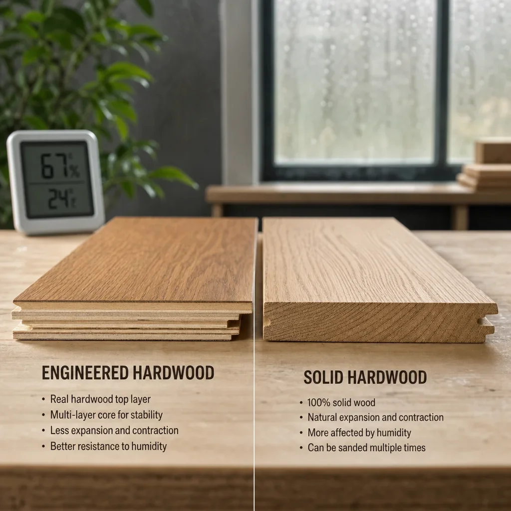 Side-by-side comparison of engineered hardwood and solid hardwood plank construction.