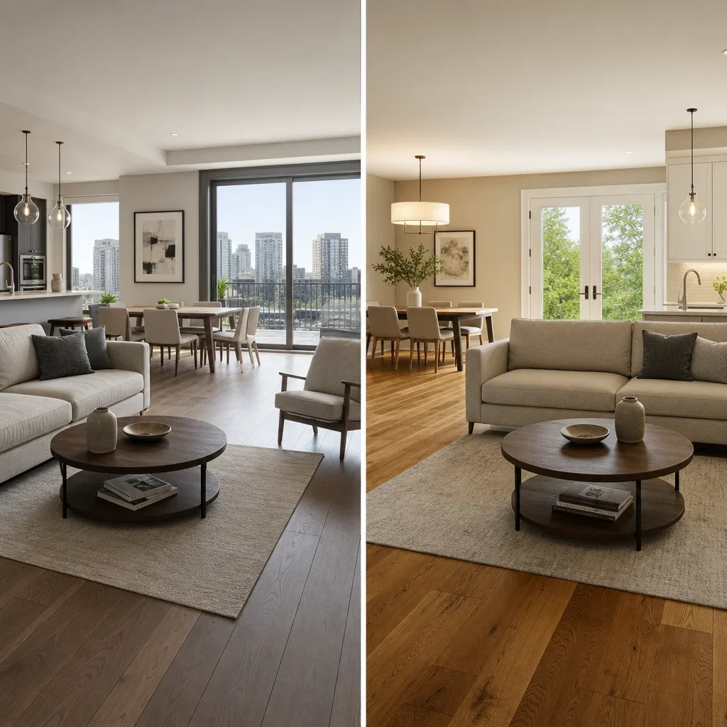 Side-by-side comparison of engineered hardwood and solid hardwood in different home settings.