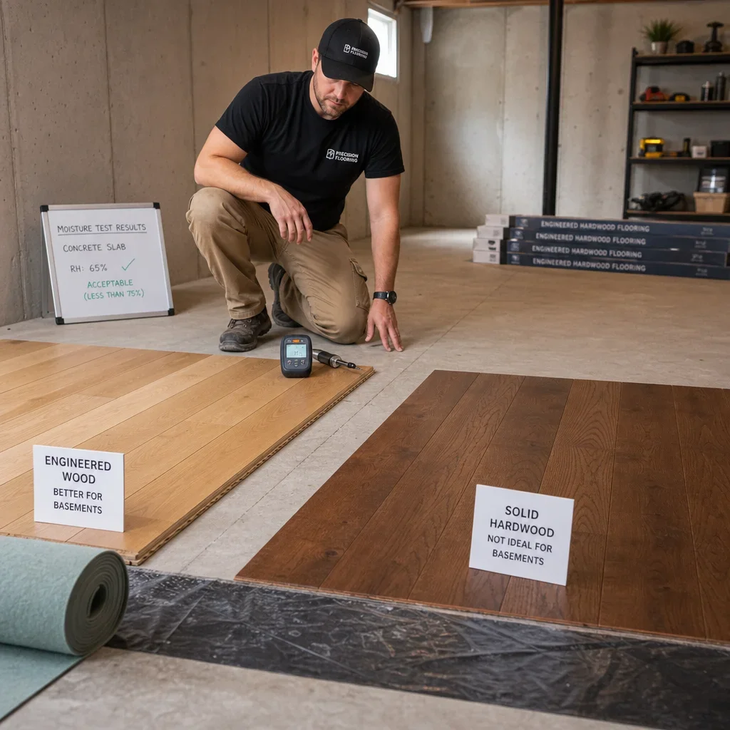 An installer comparing engineered wood and solid hardwood over concrete in a basement.