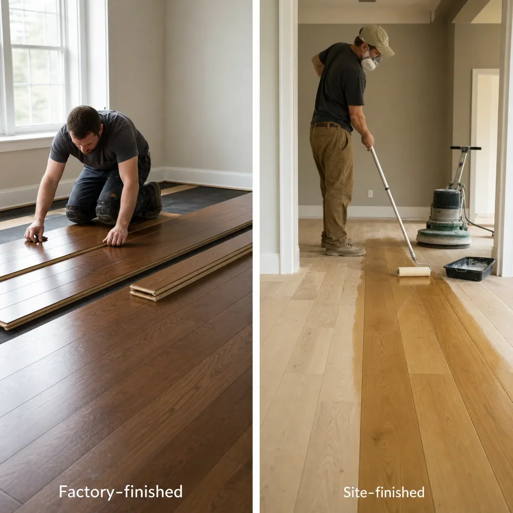 A comparison scene of factory-finished planks versus site-finished hardwood in a room.