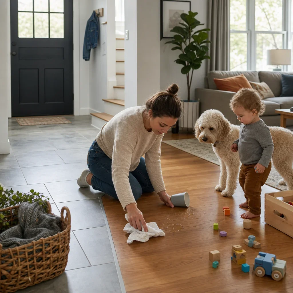 A family home with pets and kids showing practical use of tile and wood flooring.