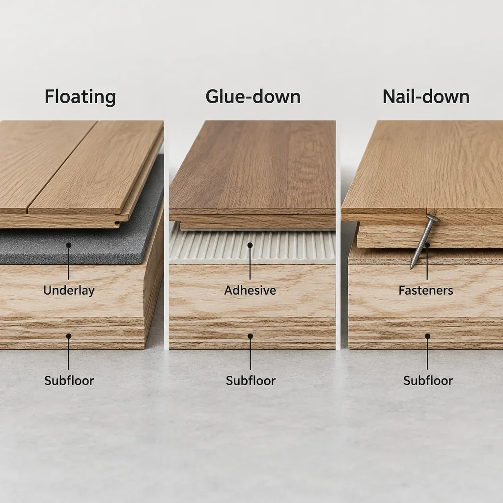 Diagram comparing floating, glue-down, and nail-down engineered flooring assemblies.