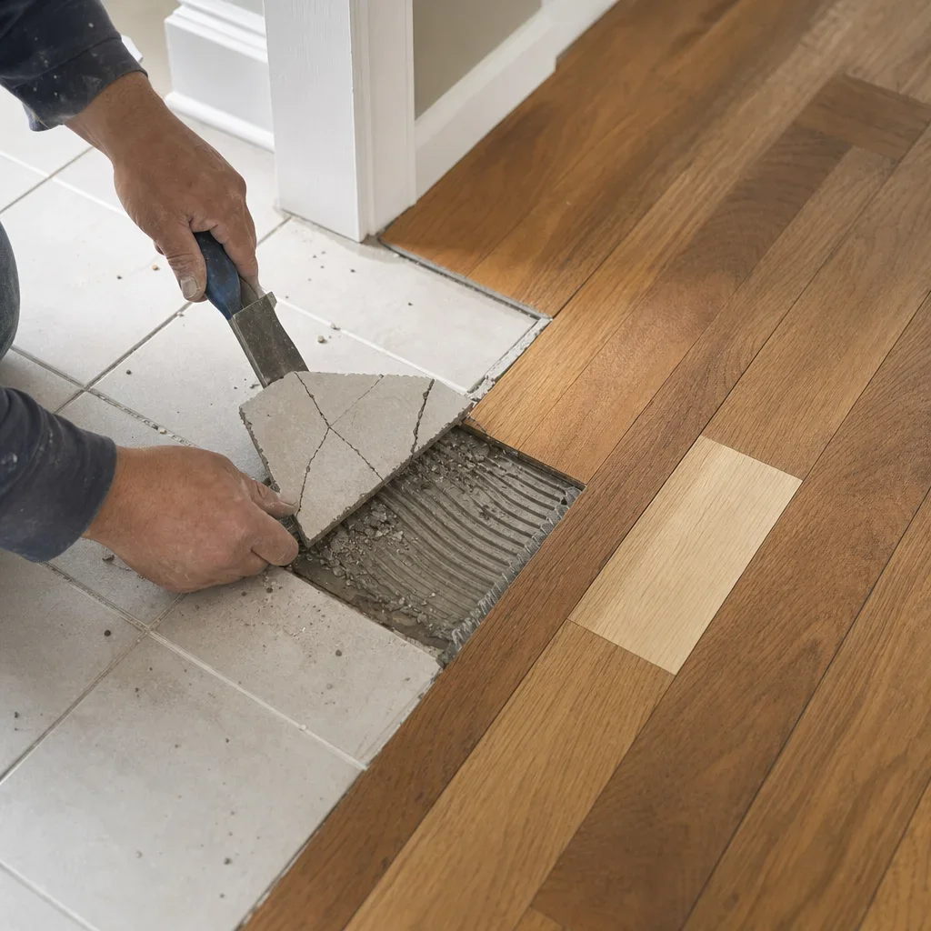 Close-up of tile repair and hardwood floor repair in progress.