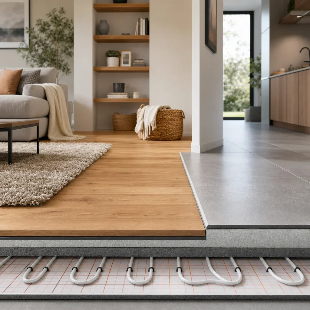 Interior scene showing wood and tile floors in relation to comfort, noise, and radiant heat.