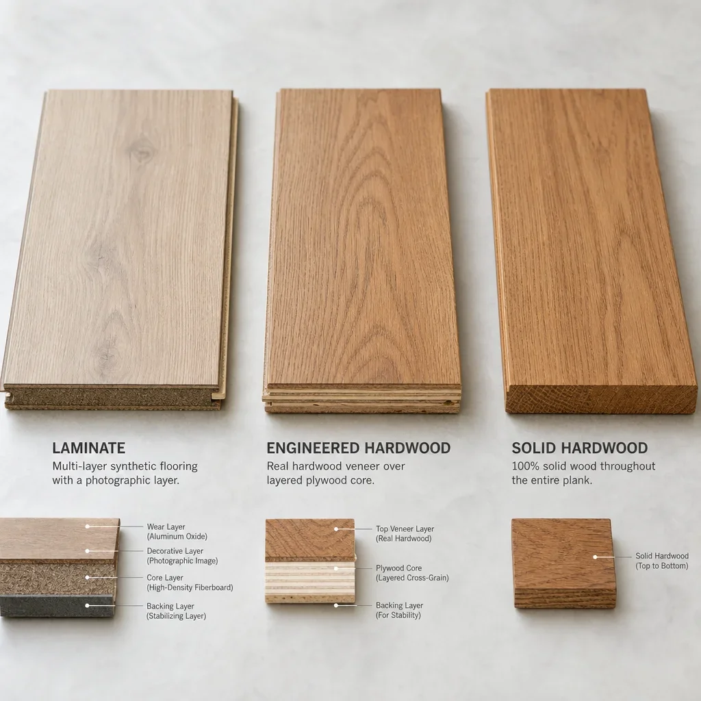 Three flooring samples comparing laminate, engineered hardwood, and solid hardwood construction.